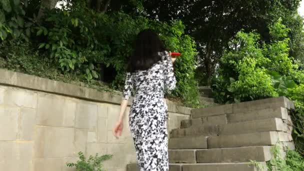Güzel Asyalı Kadın Biriyle Buluşmak Için Taş Basamaklara Çıkıyor — Stok video