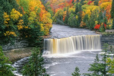 Yukarı Tahquamenon Şelalesi Michagin 'in Yukarı Yarımadası, Tahquamenon Şelalesi Eyalet Parkı, Birleşik Devletler, Kuzey Amerika