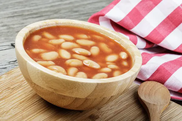Close Delicious Lunch Pork Beans Isolated Wooden Background Copy Space — Stock Photo, Image