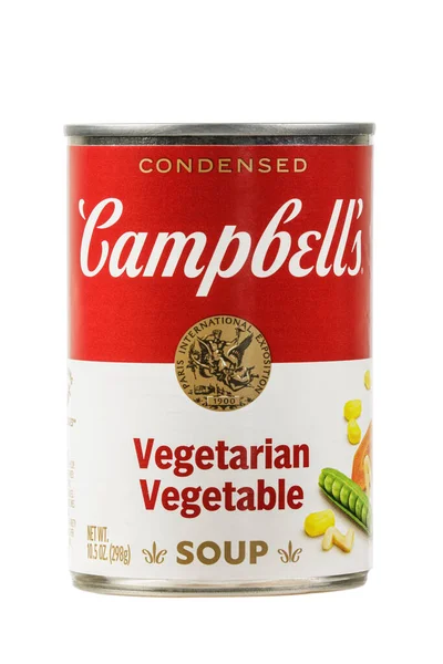 Detailní Záběr Plechovky Campbells Zeleninová Polévka Izolované Bílém Pozadí Kopírovacím Stock Obrázky