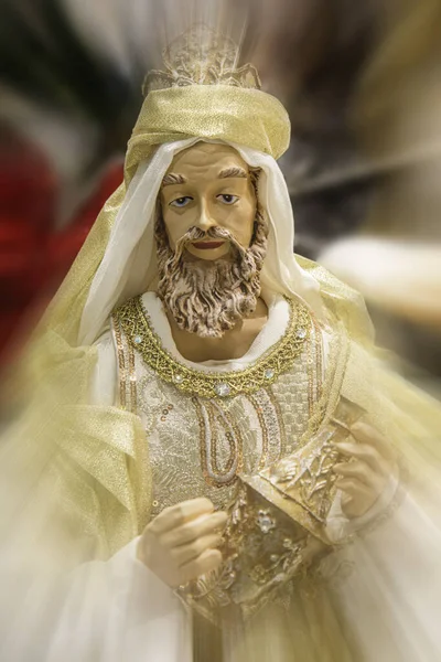 Figurka Jednoho Tří Moudrých Mužů Scéně Narození Ježíškem Betlémě Pohybovým — Stock fotografie