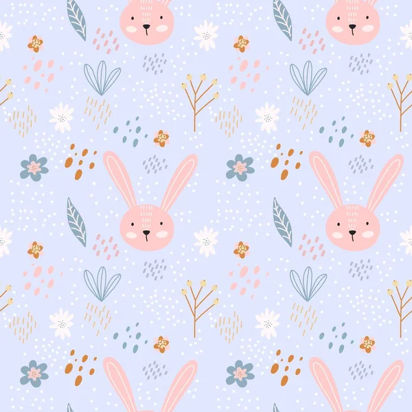 病媒手绘彩色儿童无缝重复模式与可爱的兔子和花的白色背景 创意儿童森林纹理面料 纺织品 — 图库矢量图片