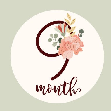 Boho bebeğim, ilk yıl çiçekli Milestone kartları. Bugün dokuz aylığım. Botanik buketli düz vektör sayısı 9. Şirin karikatür çiçek fidanlığı izi. Çocuk partisi için el yapımı numara.