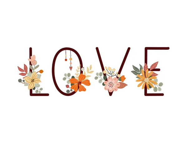 爱的情人节字体文字设计装饰花卉 花式婚礼的概念 彩色矢量图解 平坦的卡通风格 波荷花花束 图库插图