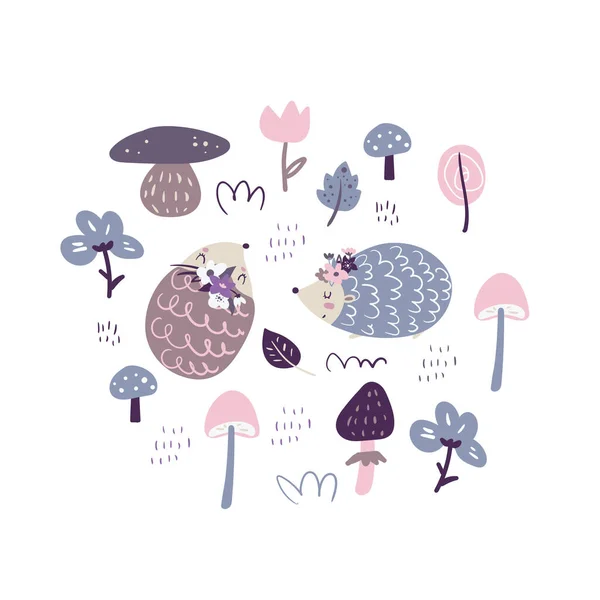 刺猬头戴花环 花朵和蘑菇呈时髦的丑闻式 一套秋天的蘑菇 关于森林植物和动物的漫画 野生动物的平面图解 免版税图库矢量图片