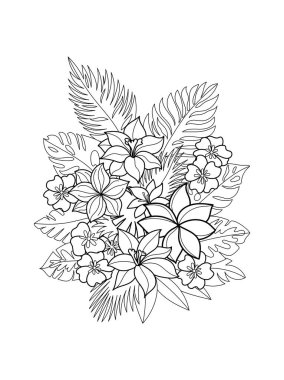 Tropik çiçekler ve yapraklar. Kusursuz desen. Yetişkinler ve çocuklar için boyama kitabı, sanat terapisi. Çizimler, karalamalar. Vektör arkaplanı. Vektör illüstrasyonu