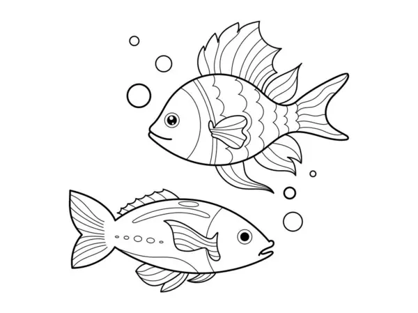 婴儿彩色书的黑白页 可爱的鱼在水下游泳的例子 给孩子们看的儿童和成人工作表 手绘矢量图像 鱼类着色页 图库矢量图片