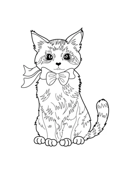 卡通猫的彩色页面轮廓 带丝带的可爱小猫 给孩子们配色的书矢量说明 矢量图形