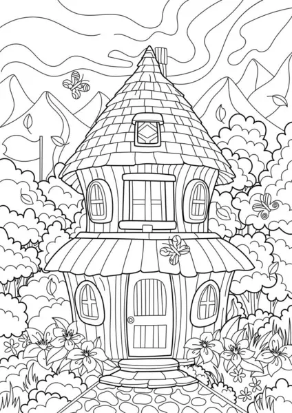 童话森林屋 为儿童和成人的书籍涂上抗压的颜色 在白色背景上孤立的示例 Zen Tangle样式 免版税图库矢量图片