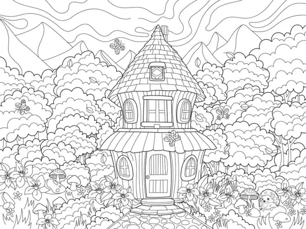 森林房子 给儿童和成年人的书配色 在白色背景上孤立的示例 Zen Tangle样式 免版税图库矢量图片