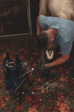 Arka planda sonbahar yaprakları olan bir adam ahırda at nallıyor..