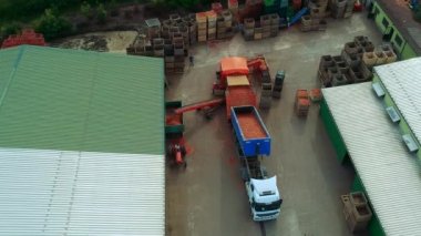 Dağıtım Deposundaki Soğanların Toptan İşlenmesi Drone bakış açısı. Kamyon, ayıklama makinesine soğan boşaltıyor. Otomatik Soğan Seçme, Temizleme ve Sıralama Makinesi.