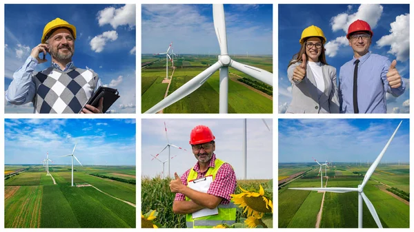 可持续风能 风力发电场 照片拼贴 头戴硬礼帽的女人和男人在蓝天的映衬下出现了 站在风力发电场 用剪贴板微笑工人 风电场使用智能手机的经理 — 图库照片