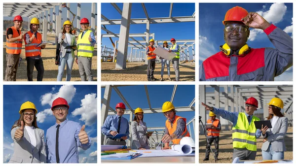 Construction Project Management - Photo Collage. Business, Building, Teamwork and Gender Equality Concept. Construction Business Team at Construction Site. Concrete Construction of a Future Factory.