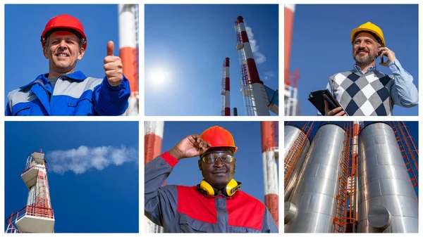 District Heating Plant Management Photo Collage Portrait Businessperson Two Workers Stock Image