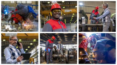 Tren Fabrikası - Fotoğraf Kolajı. Prodüksiyon Müdürü Dijital Tablet kullanıyor. Tren Fabrikasında Konuşan İki Çok Irklı İş Arkadaşı. Meşaleli kaynakçılar. Erimiş metalin kaynak kıvılcımları. Tren Tekerleği.