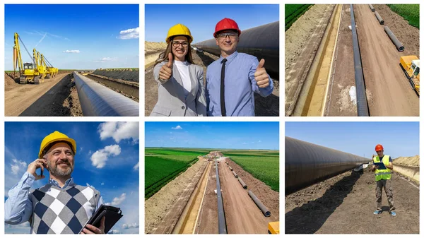 Baustelle Europäische Erdgaspipeline Fotocollage Bauleiter Überprüft Fortschritte Auf Pipeline Baustelle Stockbild