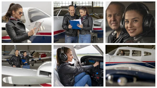 Pilot Flight Academy - Photo Collage. Portrait of Attractive Young Woman Pilot With Headset in the Airplane Cockpit. Student Pilot and Instructor Going Through a Pre-Flight Pilot Checklist. Gender Equality at Work.