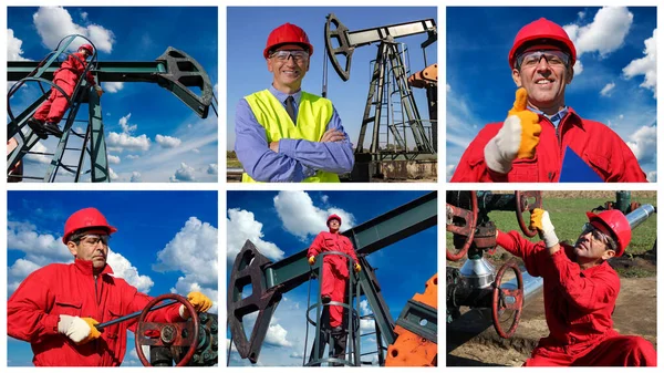 油泵和石油工人 照片拼贴 石油的提取 石油和天然气工业 油田泵杰克抽油原油 化石燃料及能源 — 图库照片