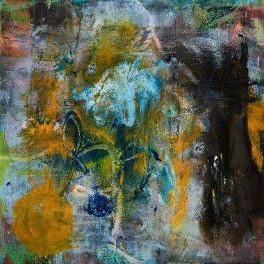 Tuval üzerindeki grunge desenli soyut çok renkli resim. Sanat eserleri fırça darbesi, sıçrama rengi ve yağ, akrilik boya elementi. Duvar kağıdı arkaplanı için çağdaş sanat