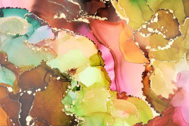 Şeffaf renk akımları, yılan gibi kıvrılan metalik girdaplar ve köpüklü renk spreyleri bu serbest akan dokuların manzarasını şekillendirir. Sıvı mürekkep tekniğiyle doğal lüks, akışkan sanat resimleri.