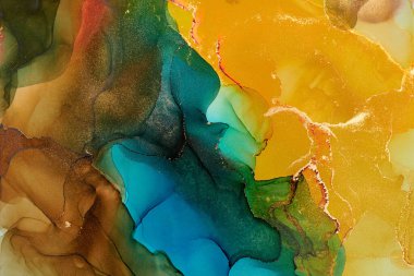 Şeffaf renk akımları, yılan gibi kıvrılan metalik girdaplar ve köpüklü renk spreyleri bu serbest akan dokuların manzarasını şekillendirir. Sıvı mürekkep tekniğiyle doğal lüks, akışkan sanat resimleri.