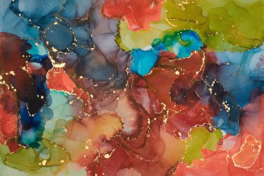 Şeffaf renk akımları, yılan gibi kıvrılan metalik girdaplar ve köpüklü renk spreyleri bu serbest akan dokuların manzarasını şekillendirir. Sıvı mürekkep tekniğiyle doğal lüks, akışkan sanat resimleri.