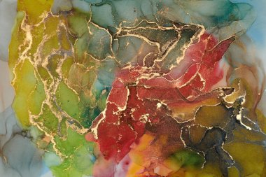 Şeffaf renk akımları, yılan gibi kıvrılan metalik girdaplar ve köpüklü renk spreyleri bu serbest akan dokuların manzarasını şekillendirir. Sıvı mürekkep tekniğiyle doğal lüks, akışkan sanat resimleri.