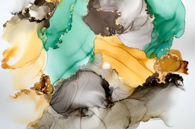 Şeffaf renk akımları, yılan gibi kıvrılan metalik girdaplar ve köpüklü renk spreyleri bu serbest akan dokuların manzarasını şekillendirir. Sıvı mürekkep tekniğiyle doğal lüks, akışkan sanat resimleri.