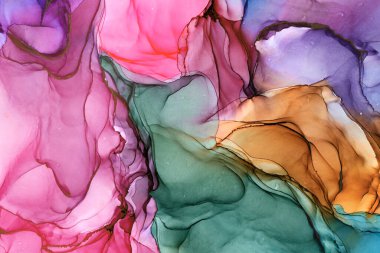 Şeffaf renk akımları, yılan gibi kıvrılan metalik girdaplar ve köpüklü renk spreyleri bu serbest akan dokuların manzarasını şekillendirir. Sıvı mürekkep tekniğiyle doğal lüks, akışkan sanat resimleri.