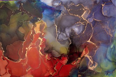 Şeffaf renk akımları, yılan gibi kıvrılan metalik girdaplar ve köpüklü renk spreyleri bu serbest akan dokuların manzarasını şekillendirir. Sıvı mürekkep tekniğiyle doğal lüks, akışkan sanat resimleri.