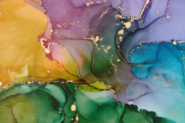 Şeffaf renk akımları, yılan gibi kıvrılan metalik girdaplar ve köpüklü renk spreyleri bu serbest akan dokuların manzarasını şekillendirir. Sıvı mürekkep tekniğiyle doğal lüks, akışkan sanat resimleri.