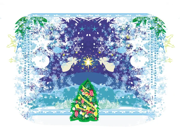 Abstrakte Weihnachtskarte Mit Engeln Und Einem Geschmückten Weihnachtsbaum — Stockvektor