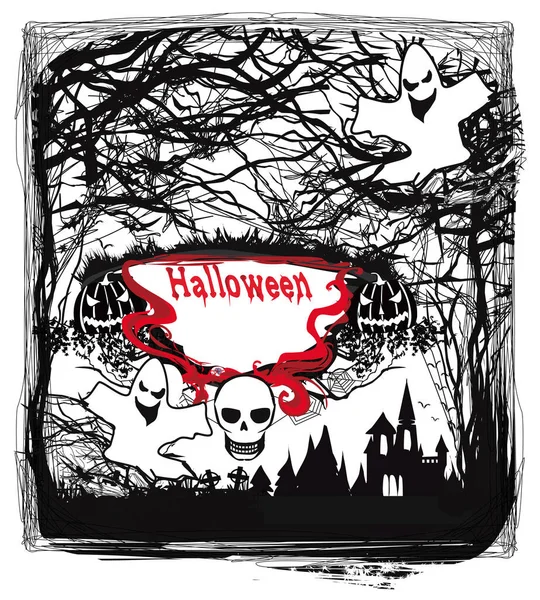 Tarjeta Halloween Con Castillo Calaveras Fantasmas Miedo — Archivo Imágenes Vectoriales