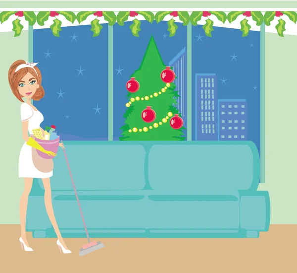 Schöne Hausfrau Putzt Vor Weihnachten Das Wohnzimmer — Stockvektor