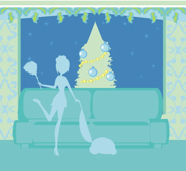 Beautiful Housewife Cleans Living Room Christmas — Stock Vector