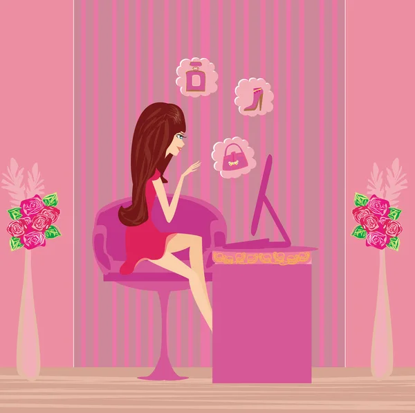 Dizüstü Bilgisayar Online Alışveriş Kadın — Stok Vektör