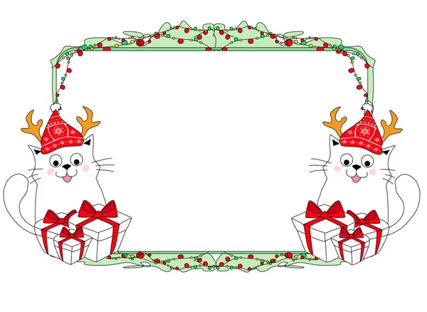 圣诞贺卡 上面有可爱的猫 头戴印有驯鹿角的圣诞礼帽 点点滴滴的插图 装饰的框架 — 图库矢量图片
