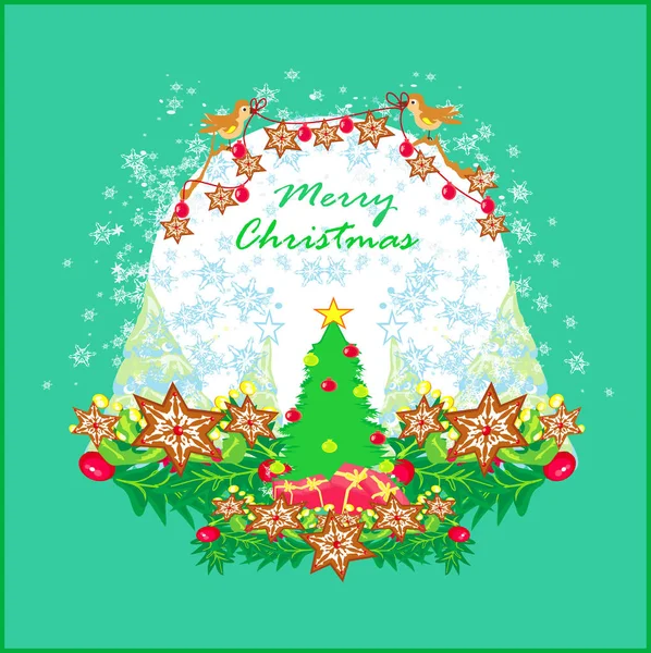 Χριστουγεννιάτικη Κάρτα Πουλιά Και Διακοσμητικά Χριστουγεννιάτικα Δέντρα — Διανυσματικό Αρχείο
