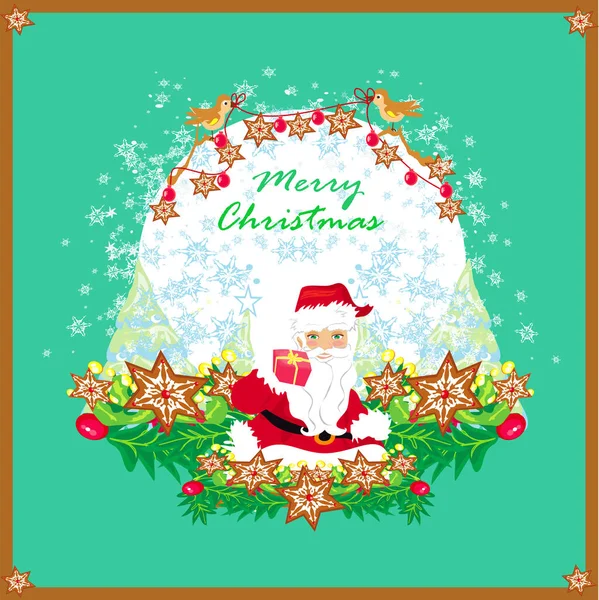 Karácsonyi Üdvözlőlap Madarakkal Mikulás Ajándékkal — Stock Vector