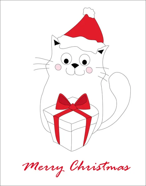 Merry Christmas Card Cute Cat Santa Hat Doodle Illustration — Stock Vector