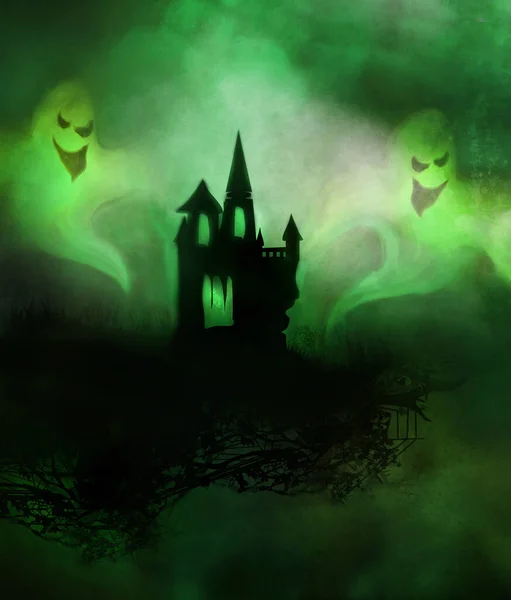 Halloween Schreckliche Illustration Mit Einem Geist Vor Einem Spukschloss — Stockfoto