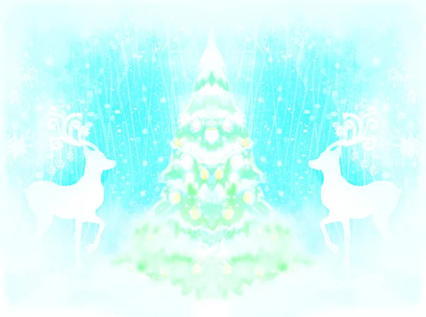 Vrolijk Kerstkaartje Met Kerstboom Sneeuwvlokken Rendieren — Stockfoto