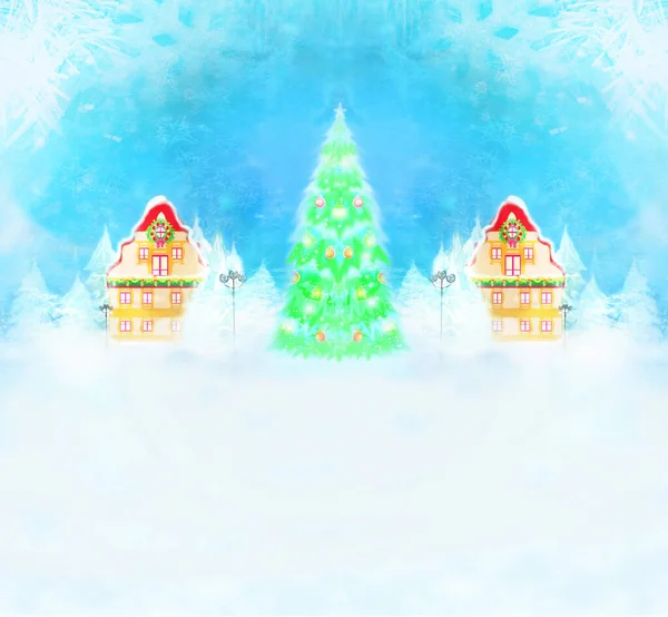 有灯光的圣诞树 美丽的冬季风景 — 图库照片