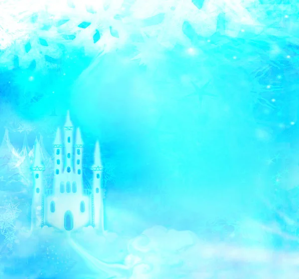 冬日仙境中云彩中的童话城堡 带有文字位置的抽象卡片 — 图库照片
