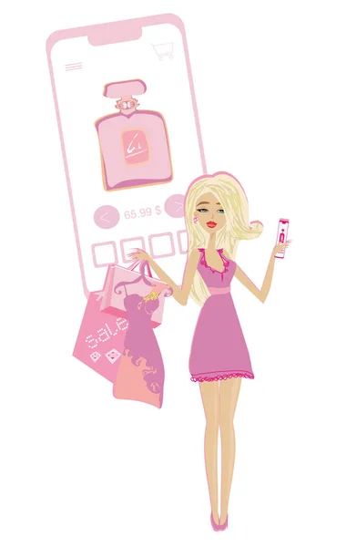 Güzel Zarif Bir Kız Telefonla Alışveriş Yapıyor Beyaz Tenli — Stok Vektör