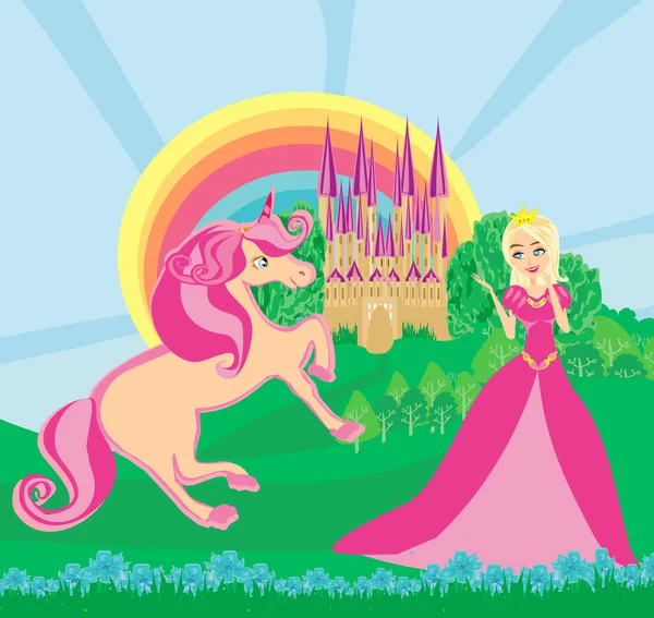 城の前にピンクのユニコーンと美しい女王が — ストックベクタ