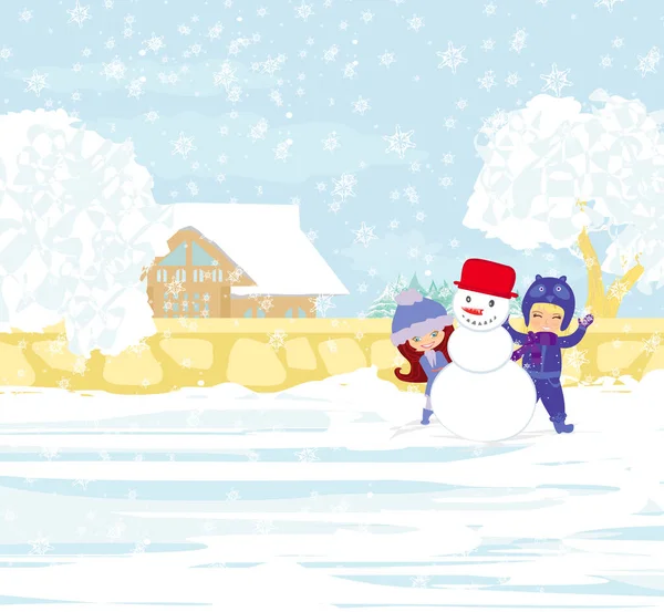 Девушки Играют Зимний День Делают Снеговика — стоковый вектор