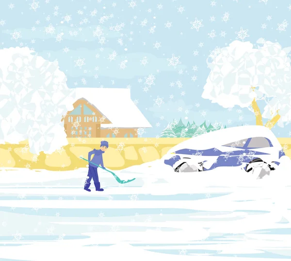 Hombre Paleando Nieve Paisaje Invernal — Vector de stock
