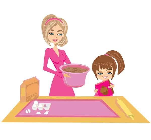 Happy Daughter Helping Her Mother Bake Cookies — Stock Vector